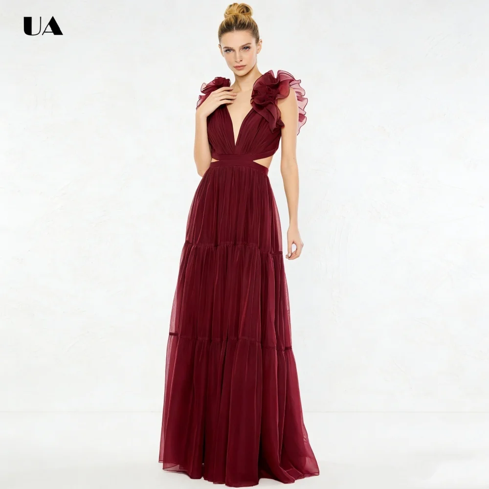 Vestido de fiesta de corte a a a la moda con mangas con volantes, vestidos de noche de gasa lisos con cuello en V para mujer, vestido de fiesta plisado personalizado