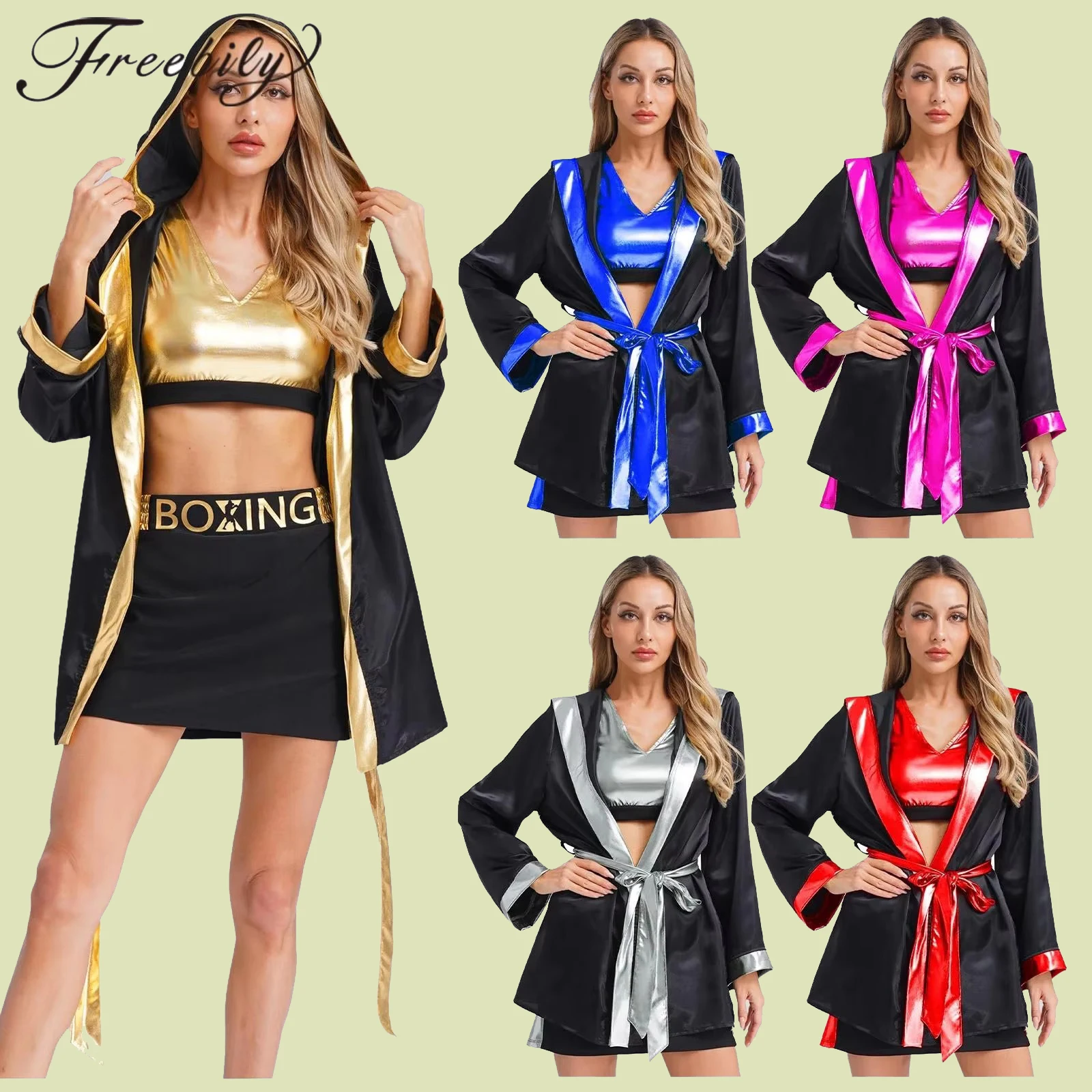 Women Boxing Robes Bjj Boxer Fight Grappling Costume Martial Arts Muay Thai Satin Tops + Skirt Belt Kickboxing Hooded Outfit