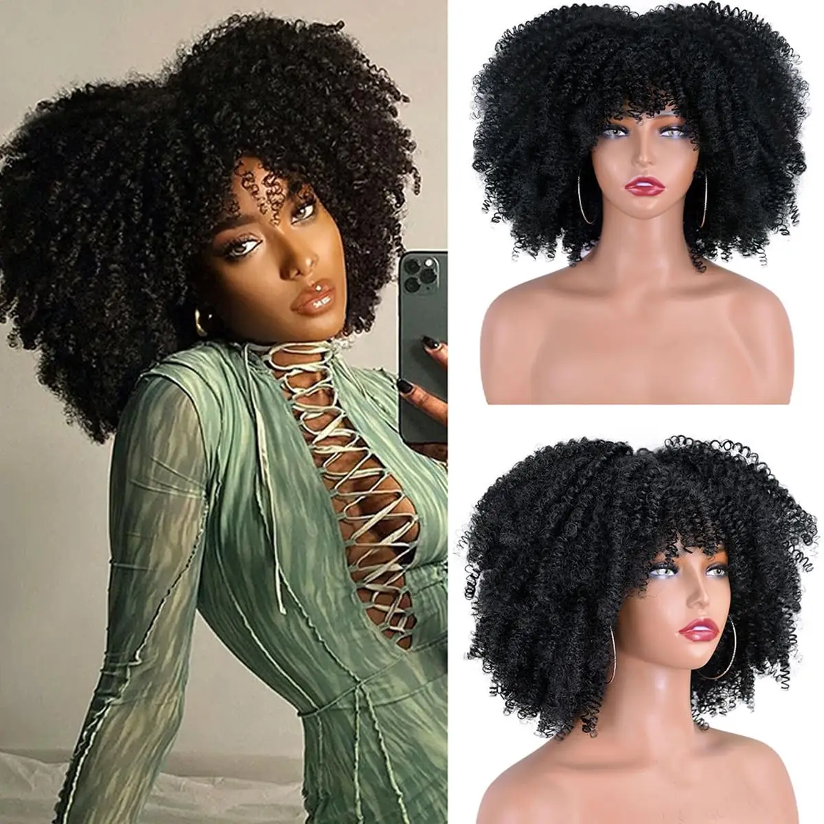 Pelucas sintéticas Afro rizadas cortas con flequillo para mujeres negras, peluca de cabello rizado completo