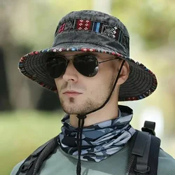 Retro Cotton Versatile Colorful Brim Bucket Hat, Sporty Adjustable UV Protection Sun Hat, With Chin Strap For Men Women
