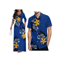 New Style Polynesian Tribal V Neck Lace-Up Long Dress Women Elegant Big Size Side Pocket Casual Dress Custom With Belts