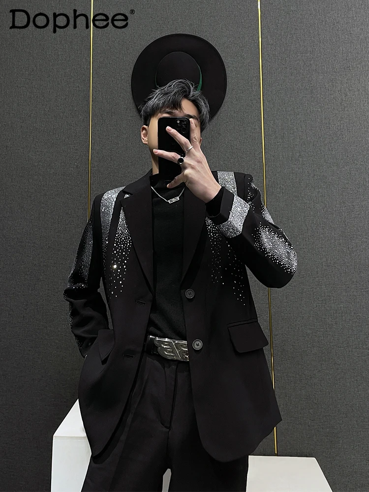 

Fashionable New High-End Rhinestone Suit Jacket Men's Fried Street Loose Men's Personality Long Sleeve Single-Breasted Suit