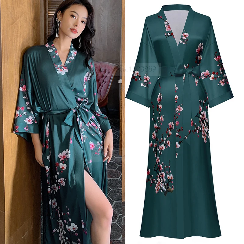 New Spring Summer Female Long Robe Nightgown Sexy Print Flower Kimono Bathrobe Gown Casual Silk Satin Home Dress Lounge Wear