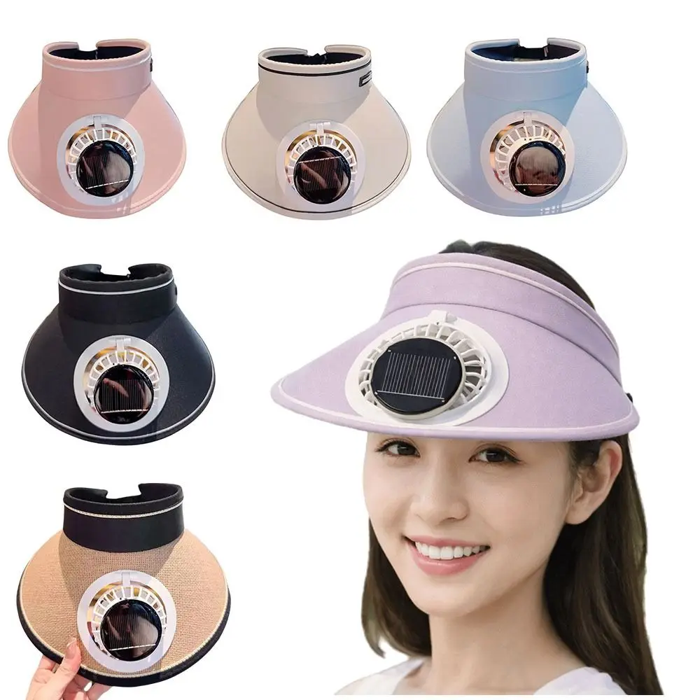 Wide Brim Sun Hat with Fan Breathable Solar Powered Fan Outdoor Visor Hat Sunshade Empty Top Beach Sunshade Hat Women