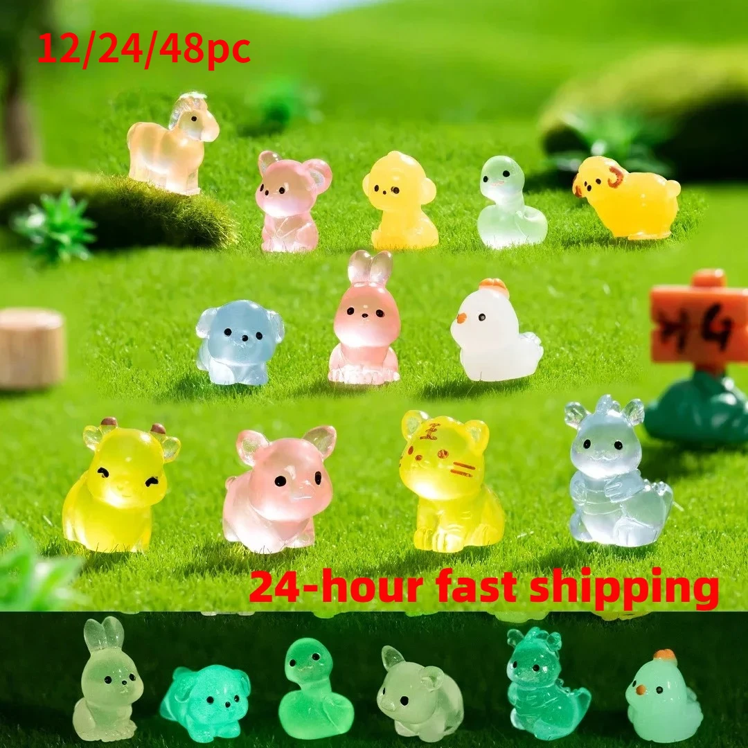 12/24/48pcs Cute Mouse Ox Tiger Night Glow Cute Luminous Twelve Zodiac Resin Dolls Desktop Car Decorations Small Ornaments Gifts