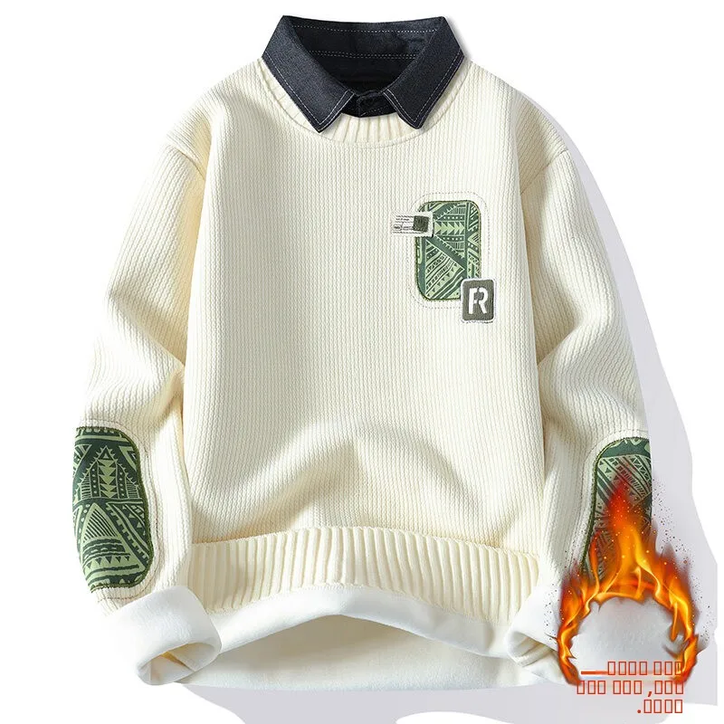 

Мужской вязаный свитер с эффектом двухслойности, модный, осенне-зимний, новый, теплый, с воротником-стойкой, шерстяной, для ношения под одеждой, стильный городской образ