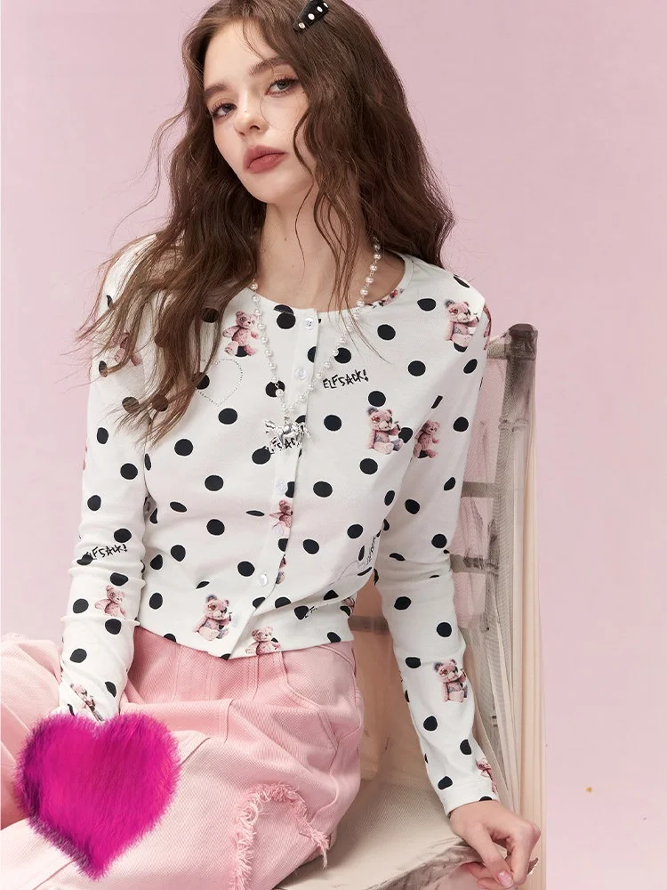 

Spring Early Faion Casual Long Sve T-irt Women's ort Sle Waist-Cut Printed Top Cotton Lycra Blend Stand Fit