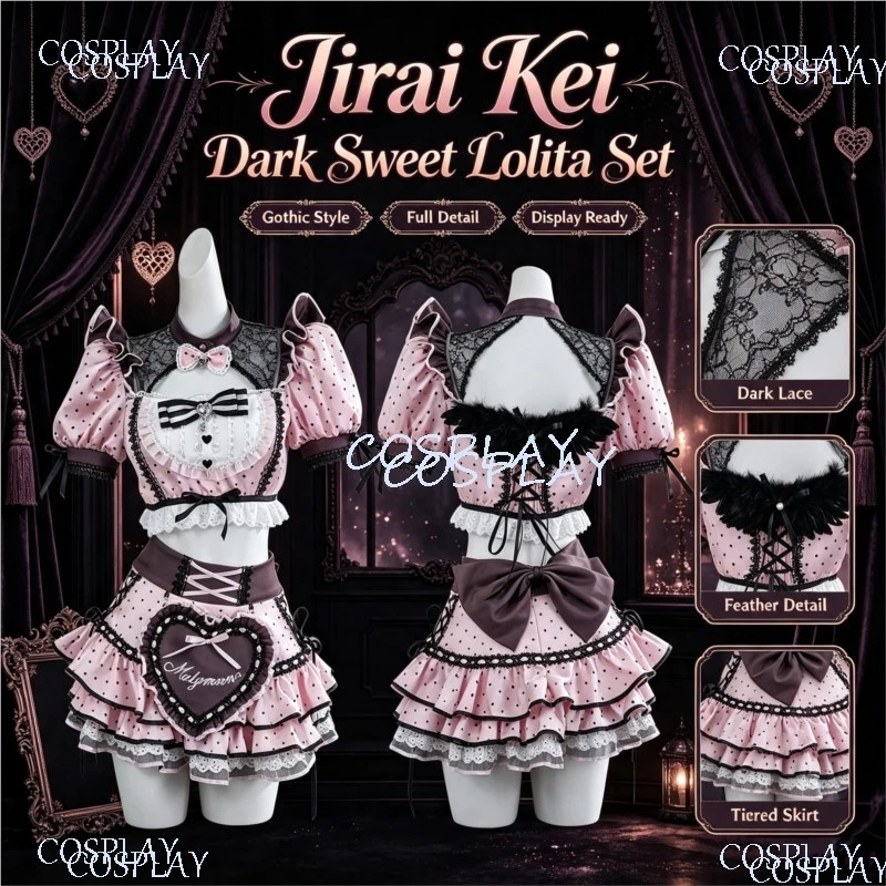 Japanisches Jirai Kei Damen Sommer Neu Süßes Polka Dot Maid Cosplay Set Rüschen Spitze Mode Halbrock Outfit Halloween Party