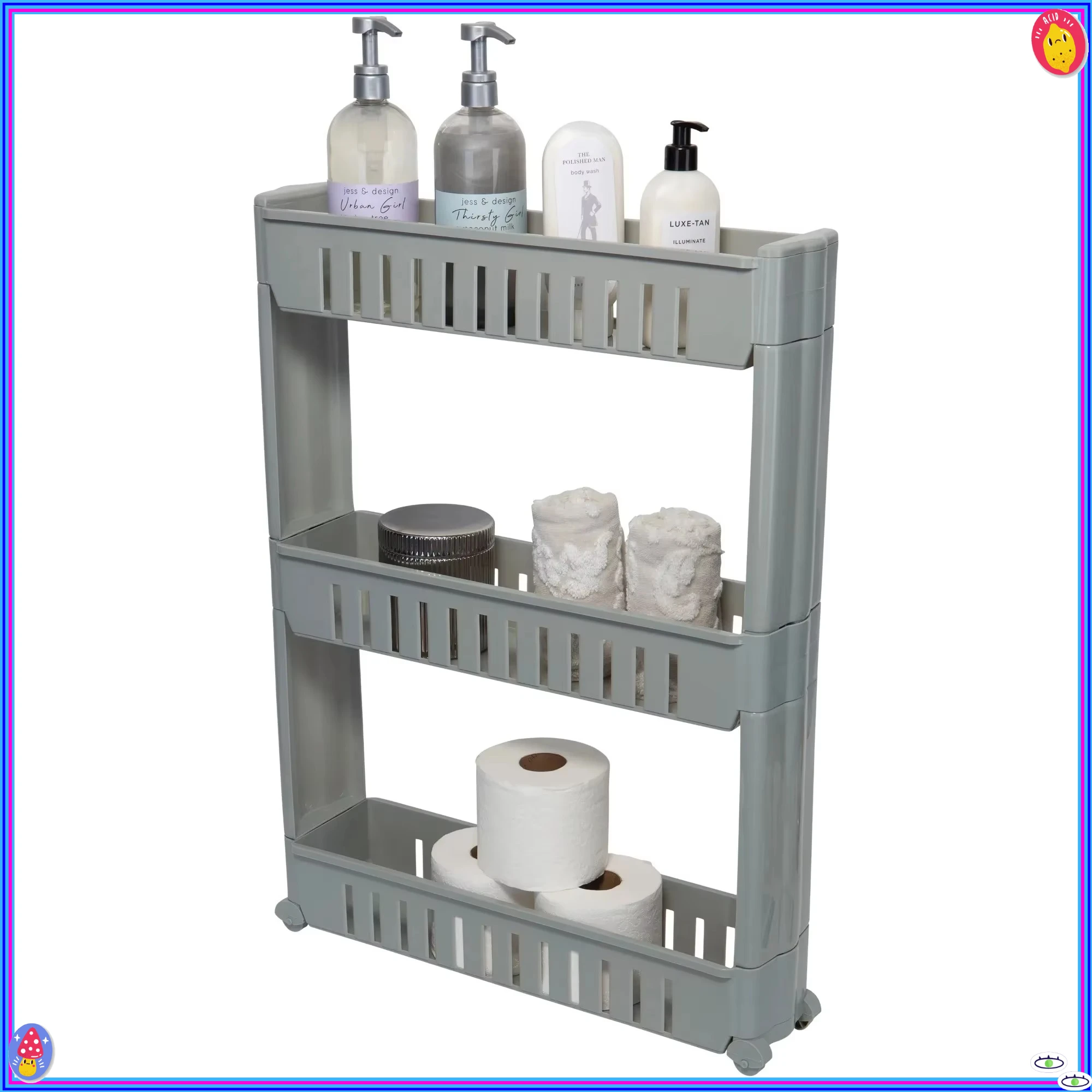 3-Tier Slim Slide-Out Plastic Storage Cart Grey - For Laundry Room & Closet Organization - Space Saving Rolling Cart