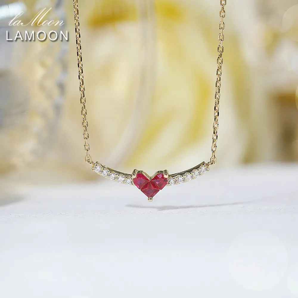 

LAMOON INS Synthetic Ruby Gemstone Heart Pendant Necklace For Women Exquisite 925 Sterling Silver Gold Plated Fine Jewelry