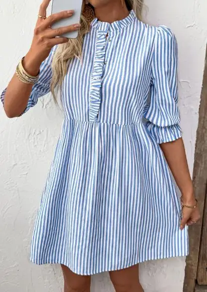 

Women's Dress Summer New Style Fresh Sweet Elegant Striped Print with Fungus Edge Decoration Bubble Sleeves A-Line Dress