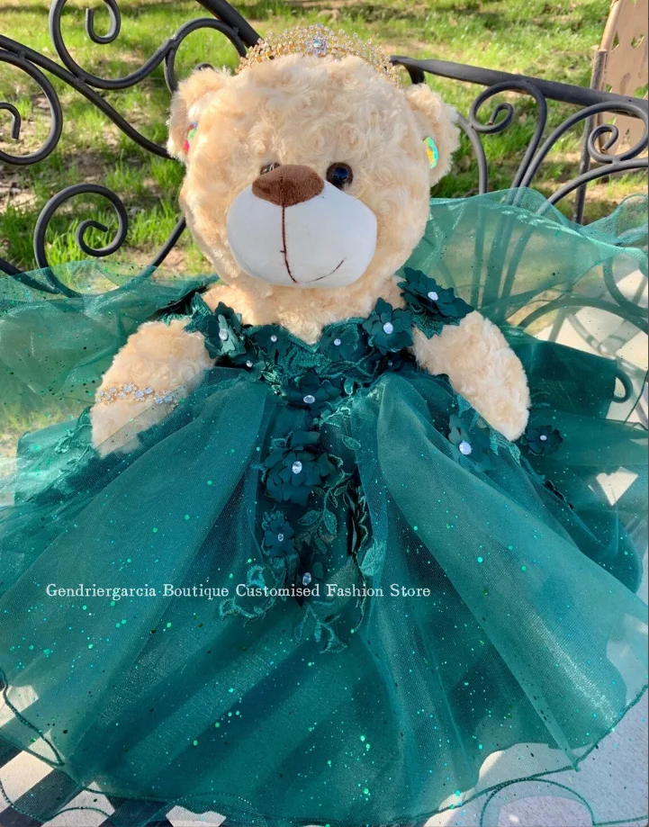 Luxury Floral Quinceanera Teddy Bear Dress 2025 Green Tulle Glitter Floral Applique Cute Mini Quinceanera Gown Customised