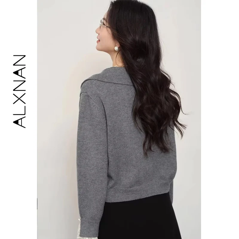 ALXNAN Grey Sweaters Lace Patchwork Slant Collar Buttons Loose-fit Short Pullovers Elastic Hem Romantic Women's Clothing L57319