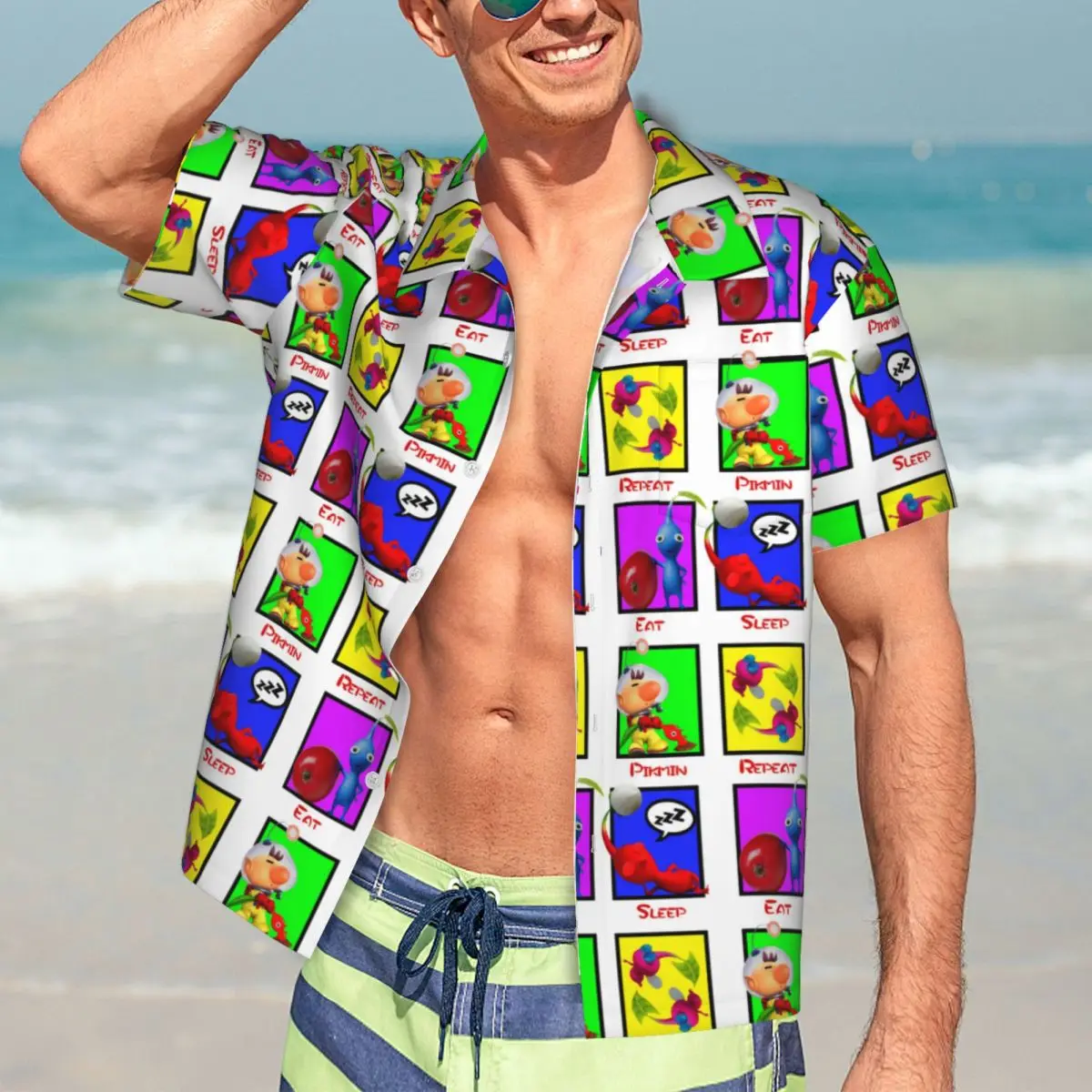 

Eat Sleep Pikmin Repeat Hawaiian Shirts Funny Men Short Sleeve Shirt for Summer Beach Men's Lapel Tops