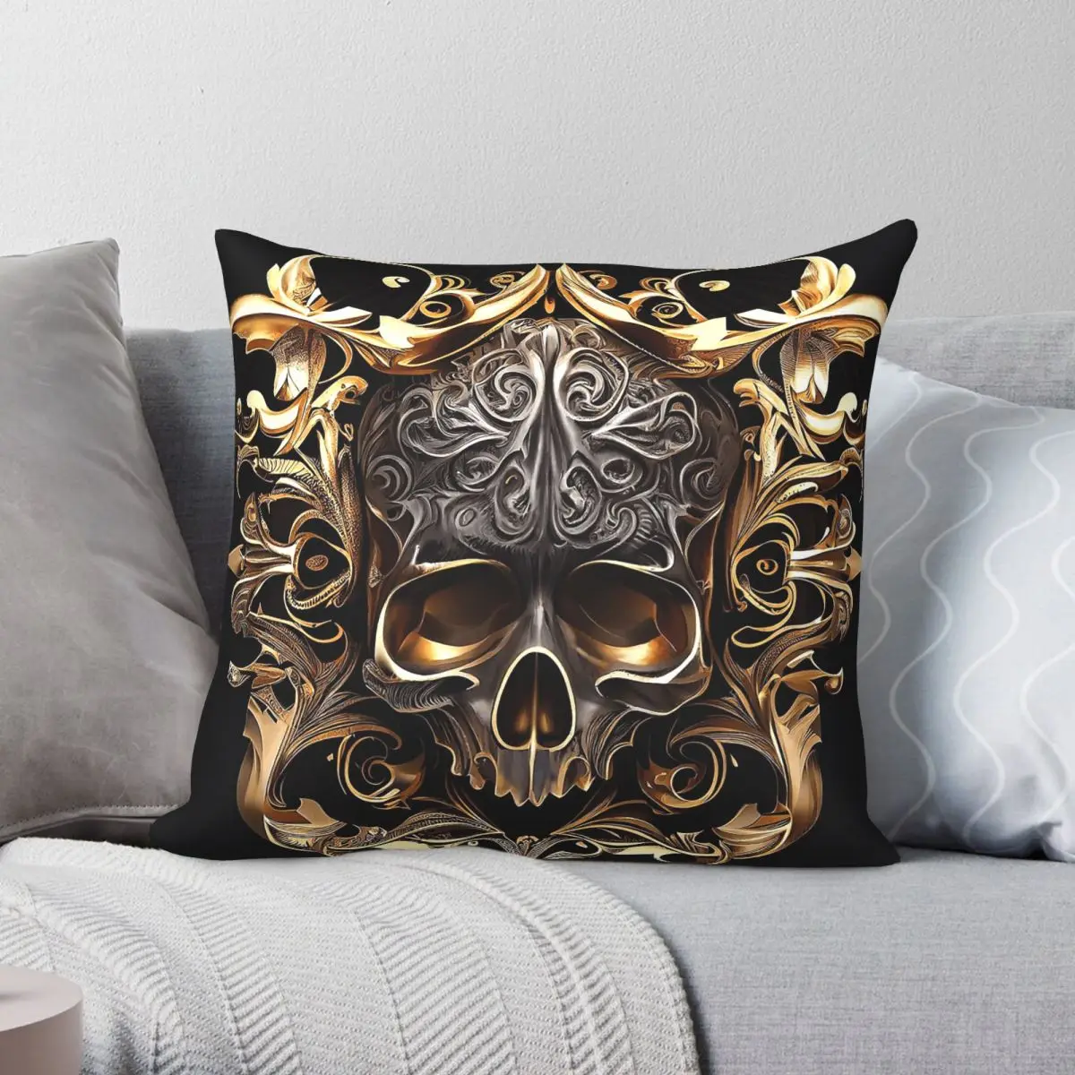 Quadratischer Kissenbezug mit Totenkopf-Motiv in Gold, Barock-Stil, Polyester, Leinen, Samt, bedruckt, mit Reißverschluss, dekorativer Kissenbezug, Sofa-Sitzkissenbezug, 18 Zoll