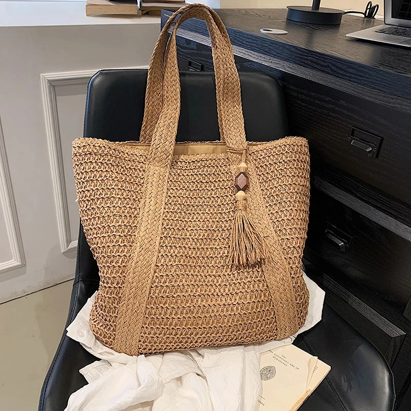 Large Capacity Weave Tote Summer Beach Straw Handbag Bohemian Tassel Design Female Shoulder Bag for Women 2024 Ladies Travel Bag