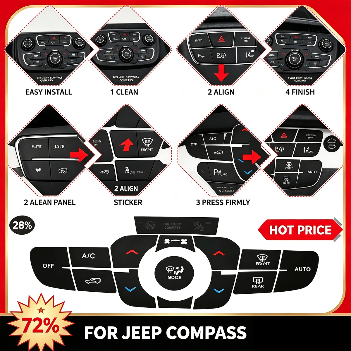 For Jeep Compass 2017-2021 AC Button Repair Sticker - Reverse Radar & Hazard Light Decal, Climate Control Panel Fix