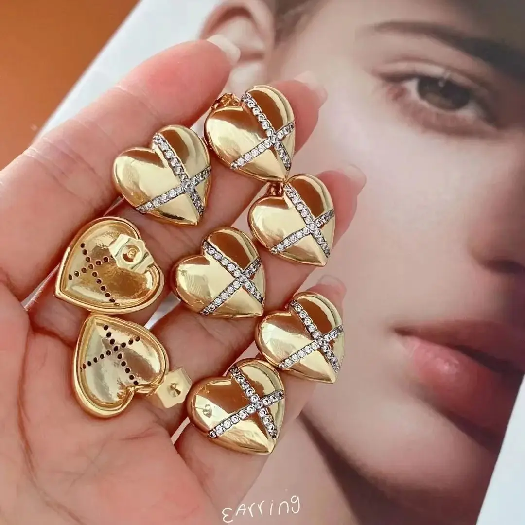 

5 Pairs, New Fashion Gold Plated Heart Earrings for Women Cross Zircon Design Geometric Studs Ear