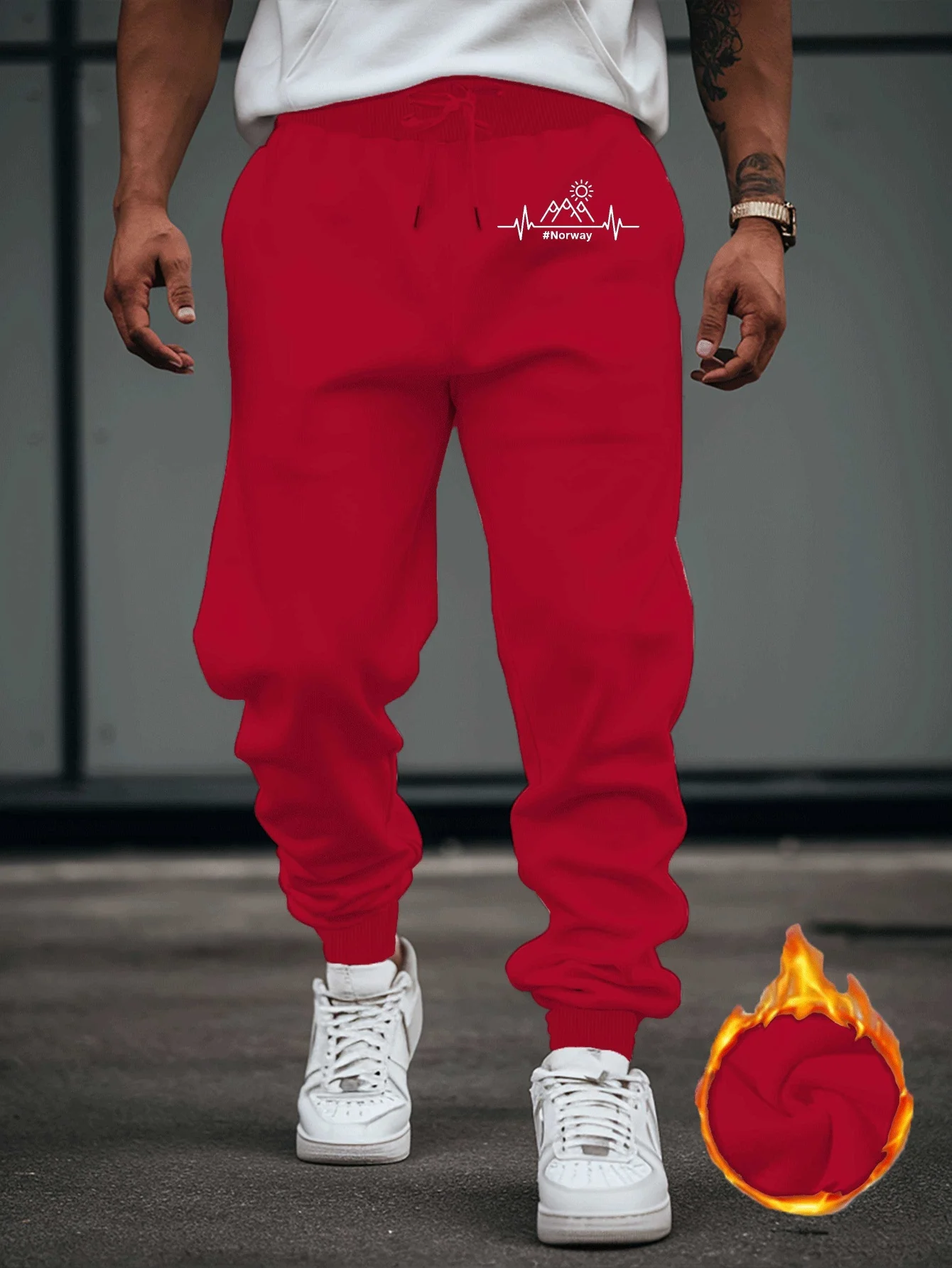 Travel‑inspired norway mountain sun heartbeat line graphic stylish tapered sweatpants men hip hop sports jogger trousers