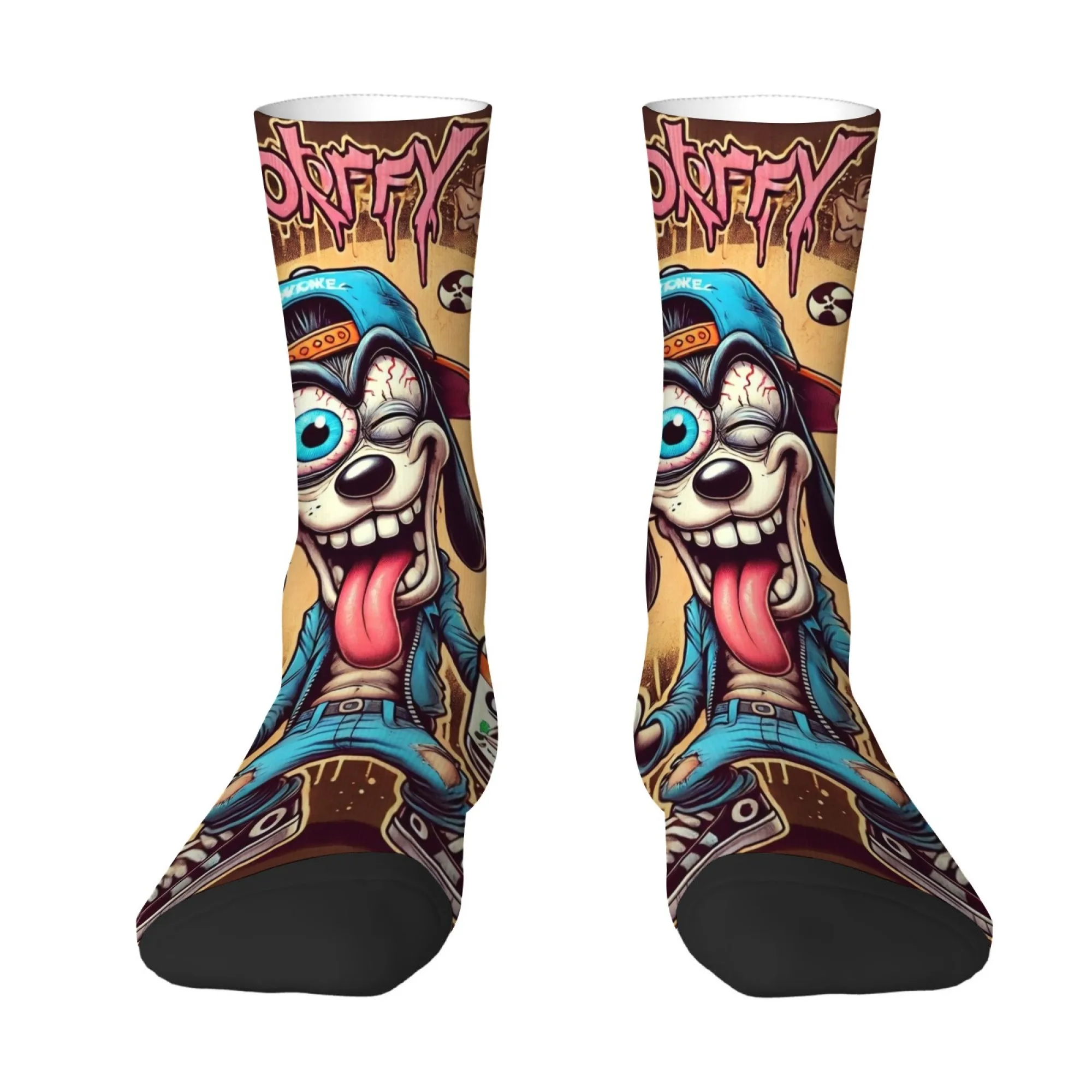 Funny Cartoon Dog Print Art Socks Street Style Graffiti Style Mid-calf Socks Retro Distressed Look Comfortable and Breathable