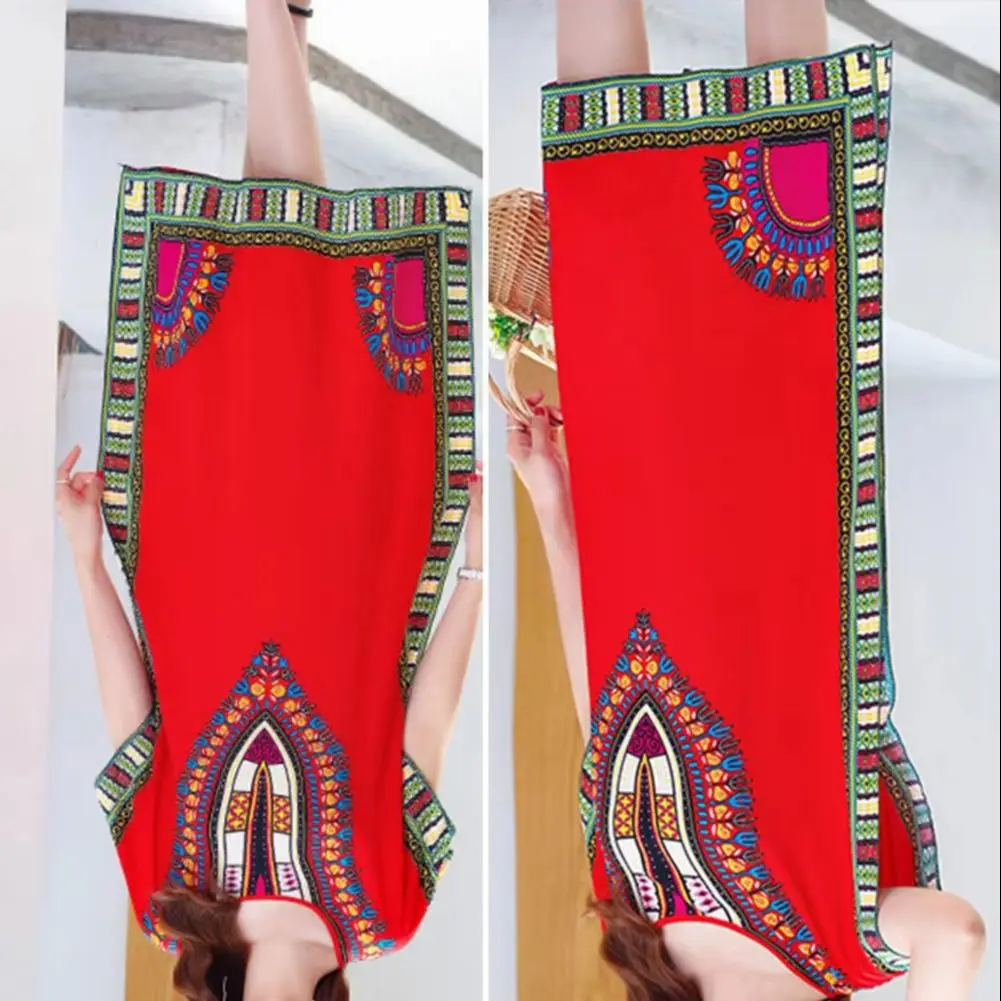 Women Dress Ethnic Style Round Neck Print Contrast Color Geometric Printing Pullover Loose Short Sleeves Midi Dress Women Clothe