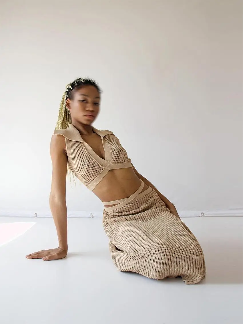 RUVE Knitted Mid-Length Half Skirt with Waist-Binding Sweater Vest Hollow out Design High Waist A-Line Cotton Gown