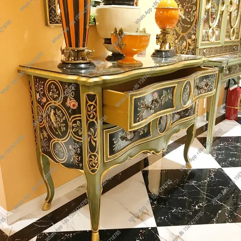 N40 Xx American Rural European French Solid Wood Carving Green Tall Luxury Hand-painted 1 Meter Porch Cabinet Villa Foyer Storag