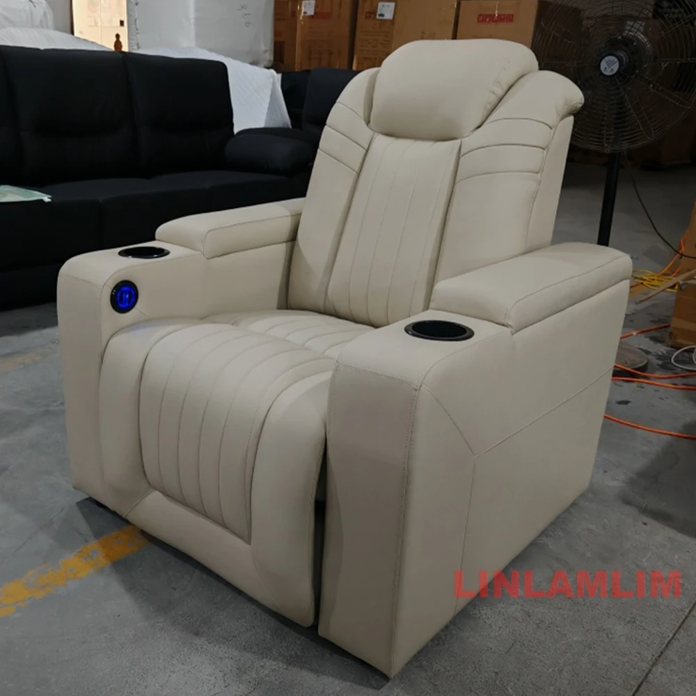 كرسي أريكة فاخر من الجلد الطبيعي للمسرح المنزلي، مقعد مستلق حديث يعمل بالطاقة الكهربائية مع مسند للقدمين وحاملات أكواب