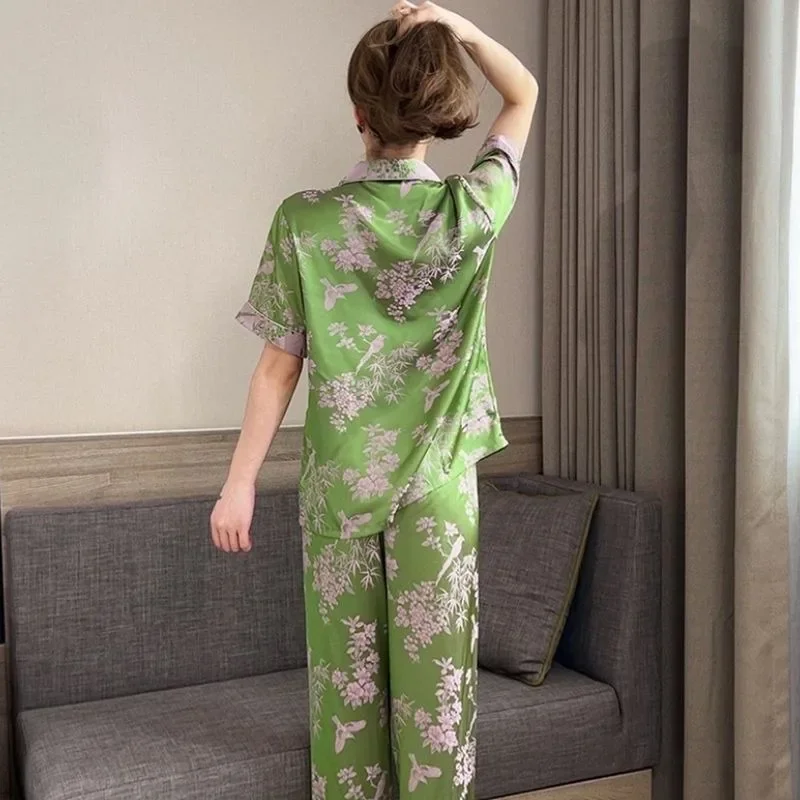 Thin Short Sleeve Long Pants Can Be Worn Outside Imitated Silk Ms. Loungewear Ice Silk Pajamas Three-piece Set Spring and Summer