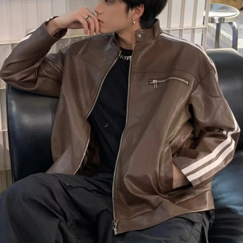 

High End American Retro PU Leather Jacket Unisex Spring Fall Oversized Silhouette Square Shoulder Vintage Niche Design​