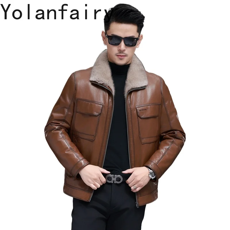 

YOLANFAIRY Высококачественные куртки из натуральной козьей кожи, мужские зимние куртки с подкладкой из цельного норкового меха, короткая теплая кожаная меховая куртка