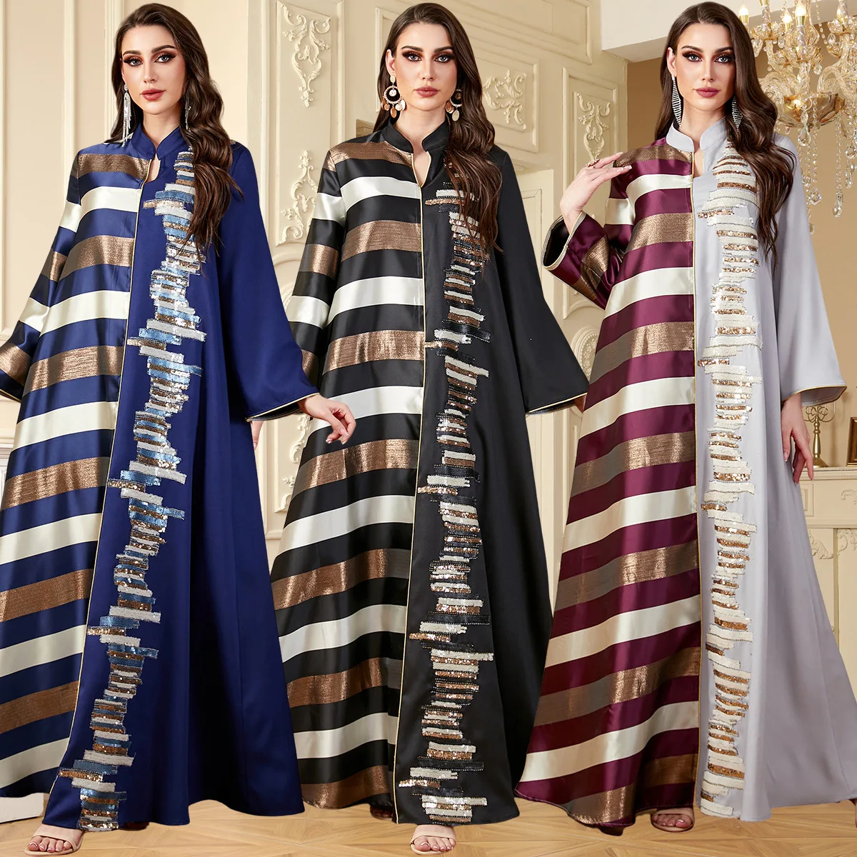 4180 Arab Women's Fashion Long Skirt Jacquard Splicing Stripe Contrast Polyester Long Sleeve Dress