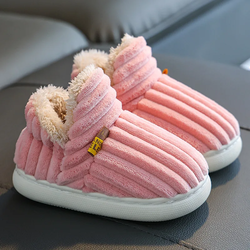 bota New Winter Concise Stripe Plush Slippers Child Non-slip Soft Sole Kids Boys Girl Heel Wrap Warm Parenting Home Cotton Shoes