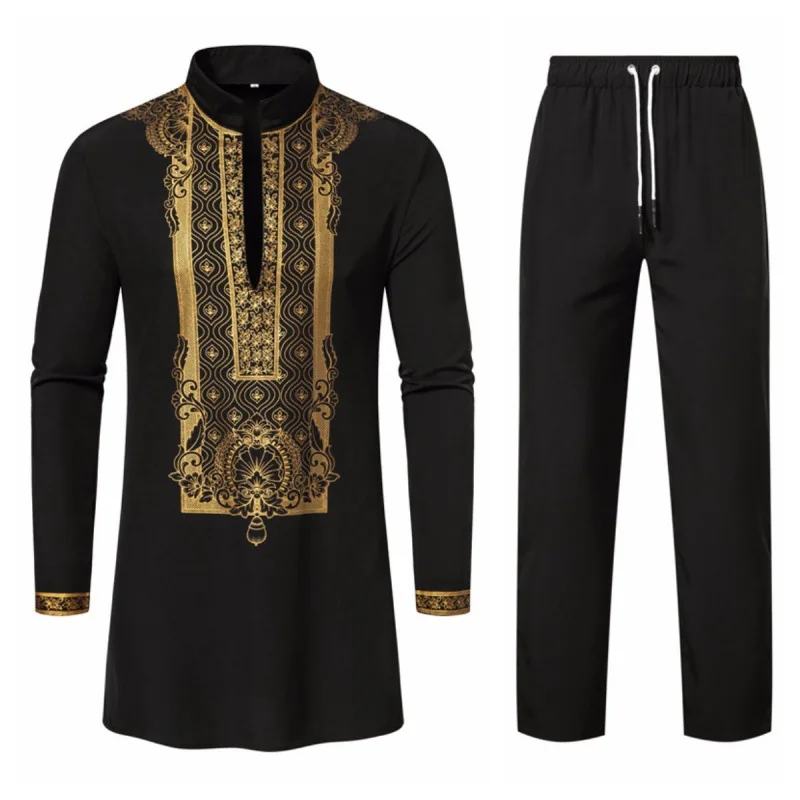 Fashion Muslim Shirts Suit National Style Standing Collar Long Sleeve Print Top Pant Set 2PCS Casual Mid-Length African Clothes