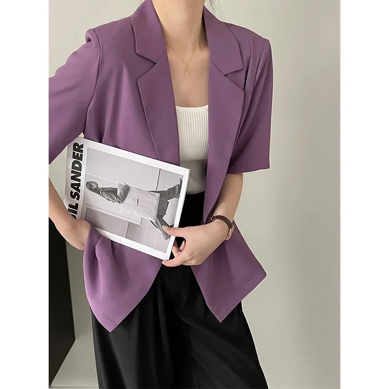 

Girls Purple Short Sleeve Suit Jacket Women Thin Loose Casual Summer Suit Top Casual Streetwear Office Wear Suit Blazers