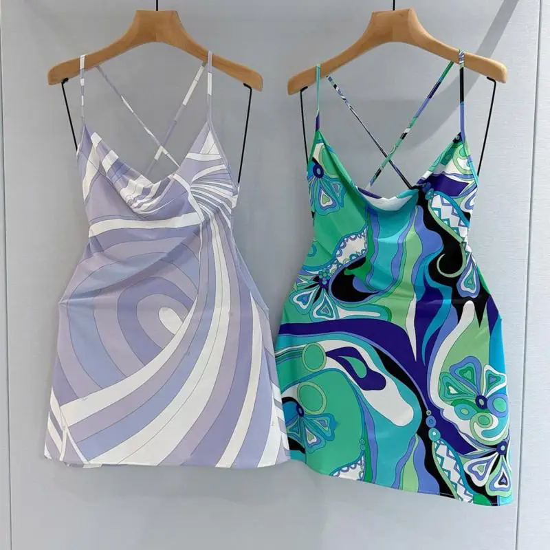 Light Mature Style Iris Flower Ice Silk Sling Dress Women's Cross Backless Sexy High-end Vestigial Dress