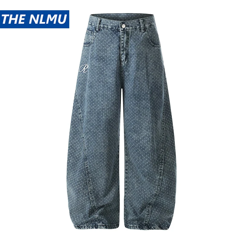 Unisex Washed Wide Leg Jeans Dog Embroidery & Letter Design Vintage High Street Loose Fit Denim Pants