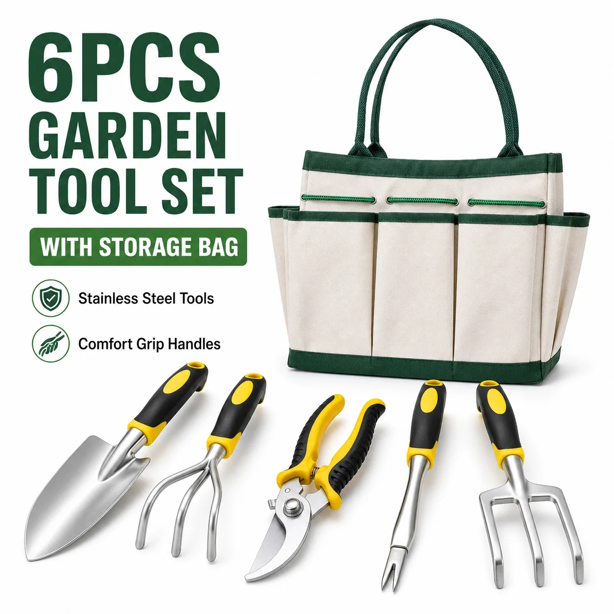 6PCS Garden Hand Tool Set with Storage Bag, Trowel Rake Fork Weeder Pruning Shears Kit for Planting Weeding Transplanting