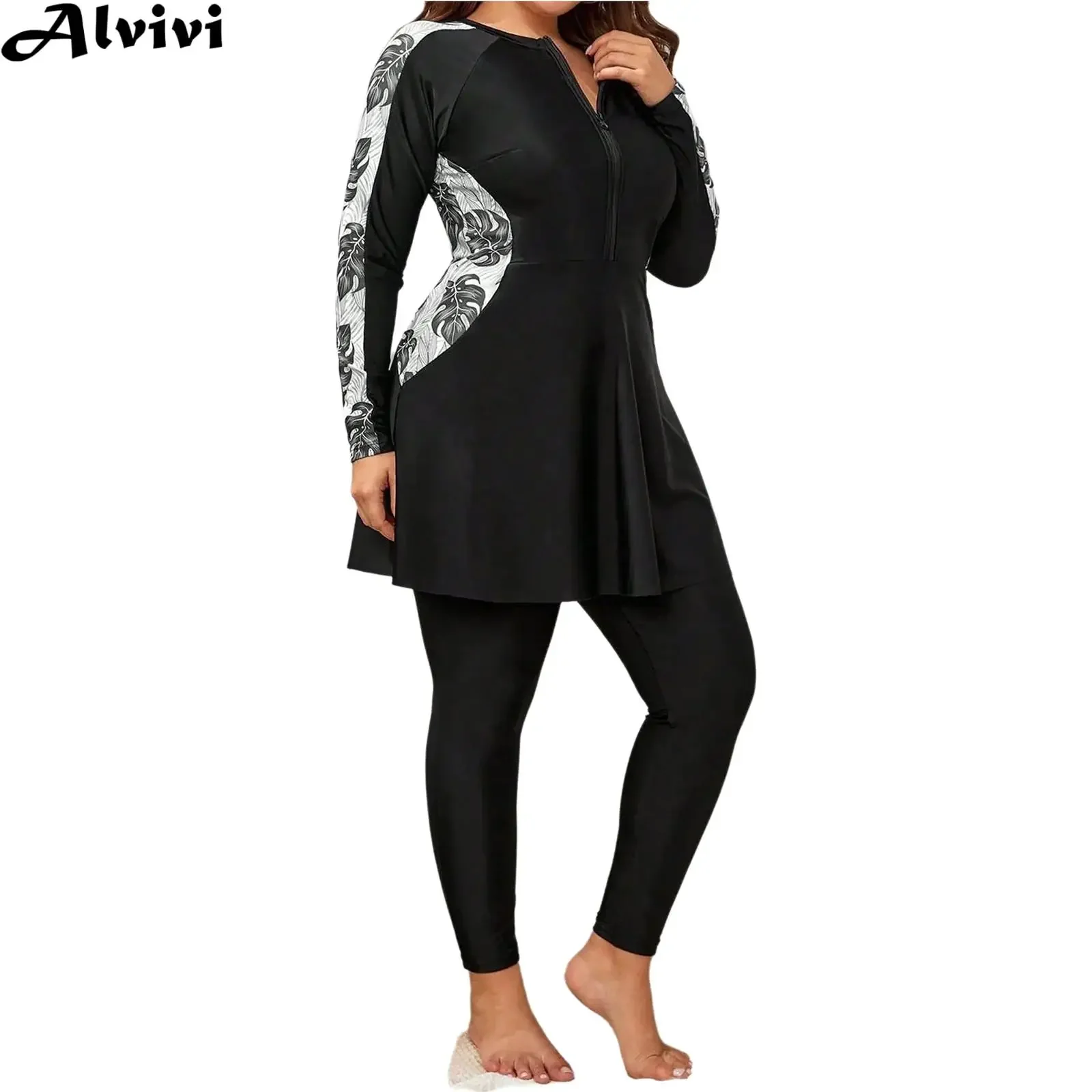 

Women Plus Size Swimwear Set Long Sleeve Floral Print Zipper Dress with Legging Swimsuit Surfing Rash Guard Wetsuit Bathing Suit