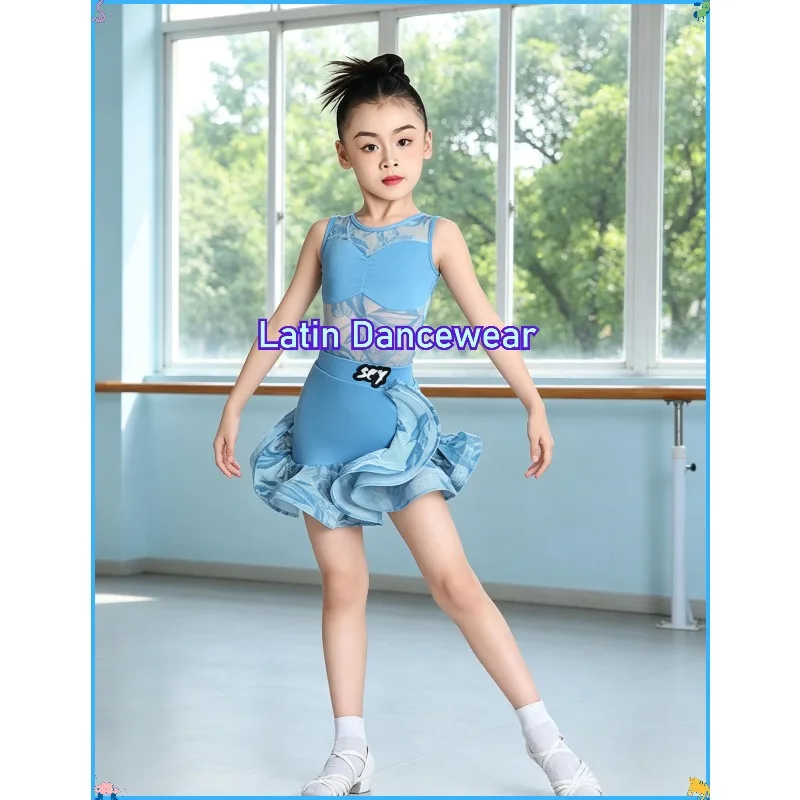 Girls Blue Latin Dance Costume 2026 Summer Kids Split Ballroom Dance Dress Professional Practice Stage Performance Dancewear Set