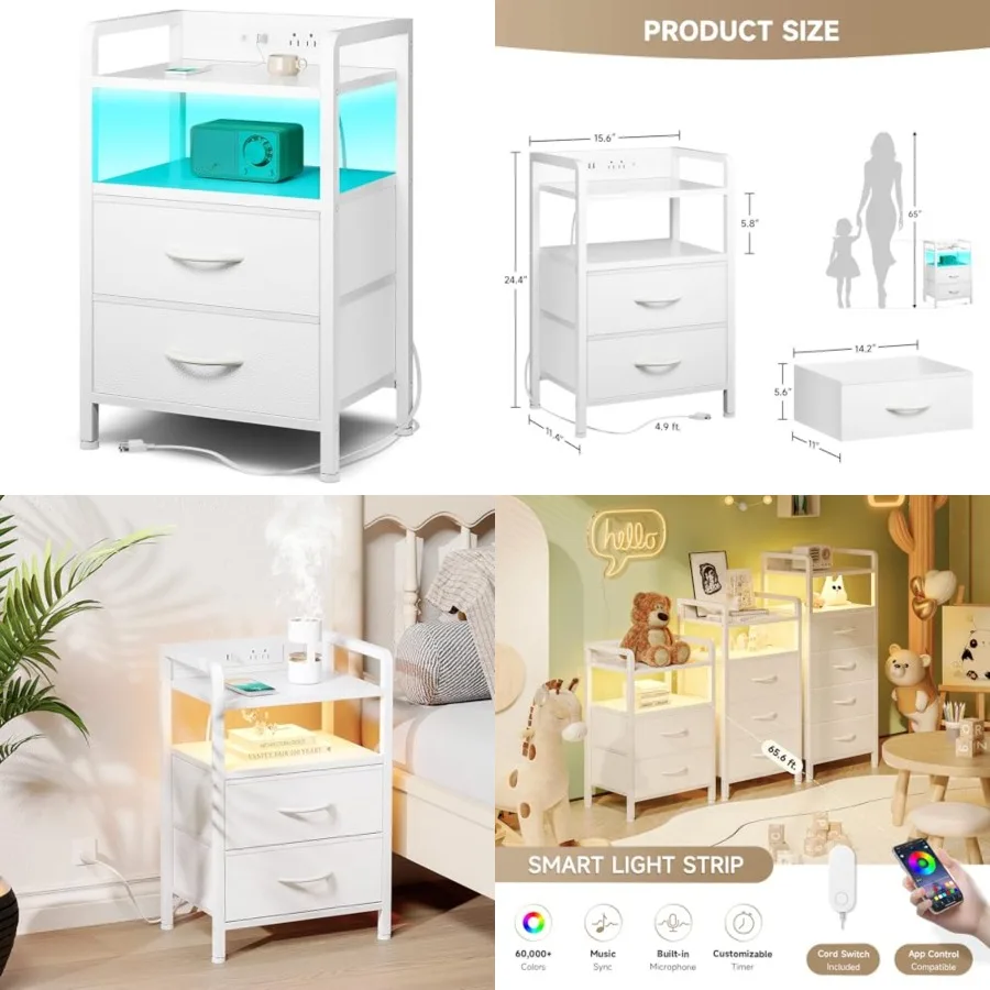 Night Stand Bedside Table Bedroom - Nightstand with Charging Station and LED Light Strip, Morden Bed Side End Table with Storag