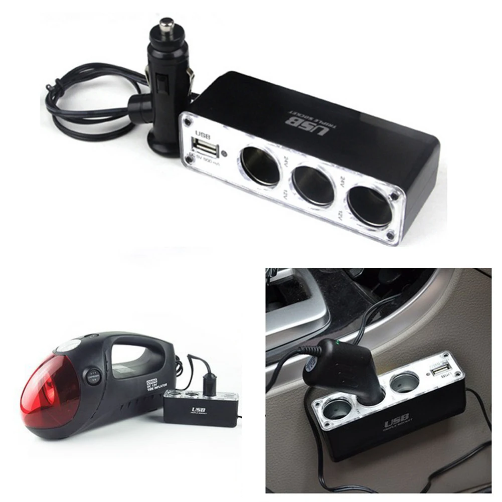 Car Cigarette Lighter Splitter 12V/24V Car Charger 3-Socket+USB Port Plug Car Power DC Outlet Adapter For Phone GPS DVR Accessor