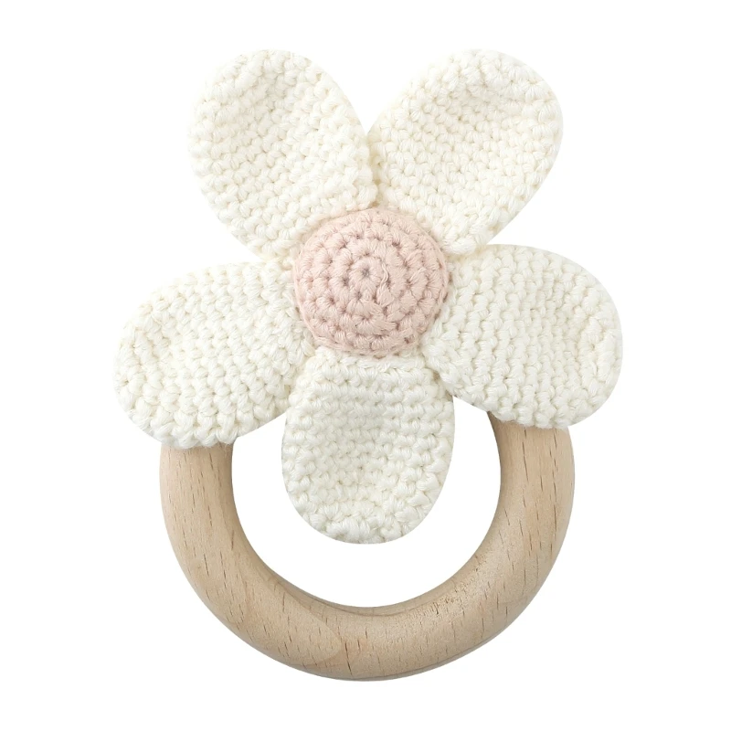 Wooden Teething Rings Crochet Knitted Flower Teether Rings Teething Toy 0