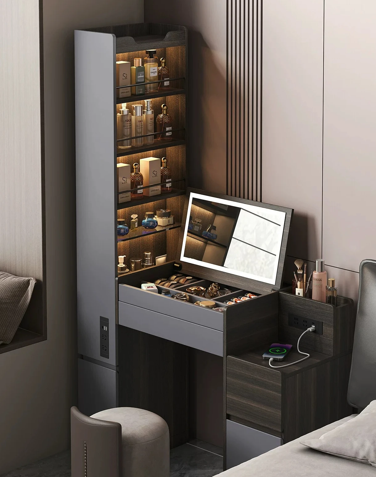 

PYJ Italian flip top high-end bedroom large-capacity storage cosmetic table integrated with socket