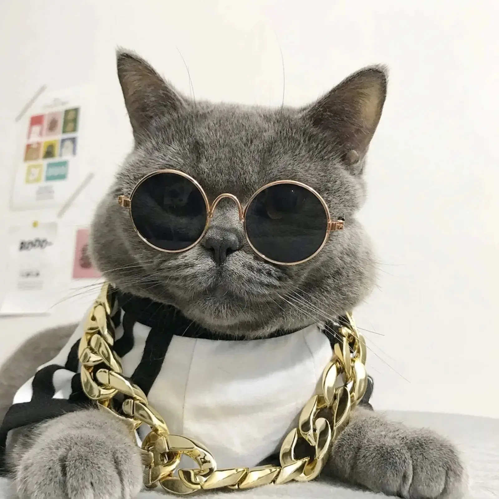 

TONG Cat Glasses Cat Sunglasses Gold Chain Costume Decorations Dog Retro Sunglasses Faux Silver Adjustable Chain Glasses for Cat