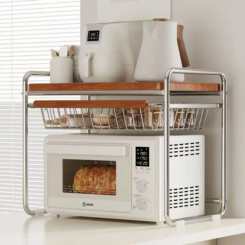 

Multi-function Microwave Oven Storage Rack Kitchen Rice Cooker Rack Solid Wood Desktop Organizer Pull Out Type Seasoning Cabinet