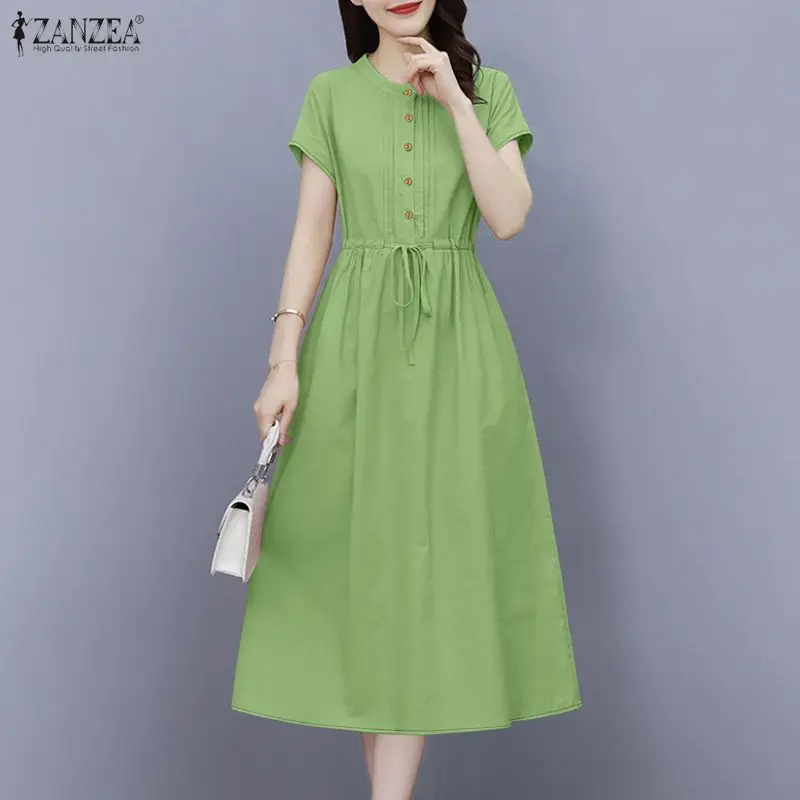 ZANZEA été femmes décontracté a-ligne robes mi-longues à manches courtes taille haute cordon couleur unie robe tous les jours femme vêtements 3XL