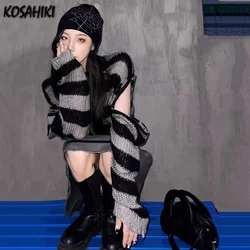 KOSAHIKI 2024 Punk Gothic Crop Sweater Women's Loose Hollow Knitted  Striped Zipper Pullover Aesthetic Jumper  Tops