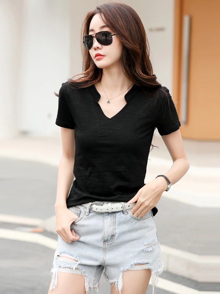 2026 Sommer Bambus-Baumwoll-T-Shirt für Damen, V-Ausschnitt, Weiche T-Shirts, Klassische Mode, Größen S-3XL, Damen-Oberteile – Detail 3