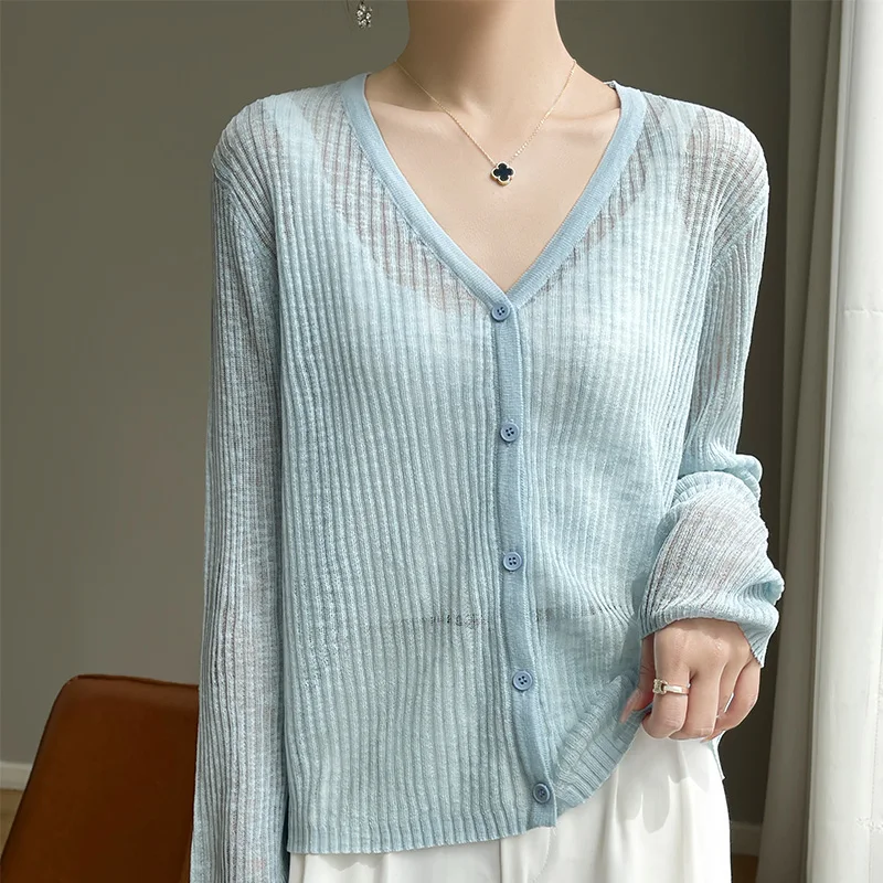 Spring/Summer Women\'s Cardigan Casual Knitted Linen Sweater V-Neck Sun Protection Shirt Ladies Tops Loose Air-conditioned Shirt